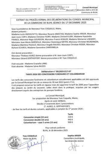 Tarifs 2026 concessions funéraires et columbarium