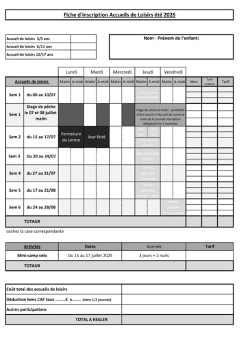 Fiche d' inscription été 2026